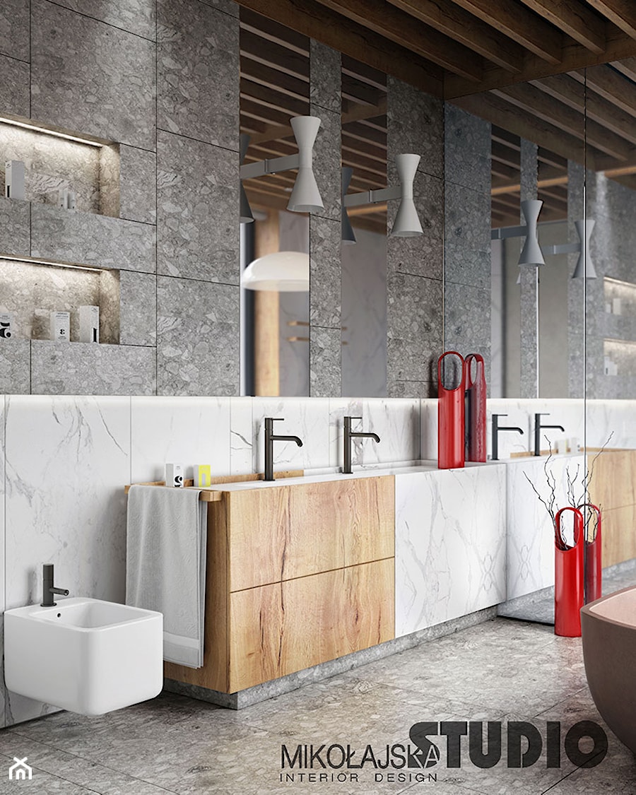 połączenie marmuru drewna i betonu w nowoczesnej łazience - zdjęcie od MIKOŁAJSKAstudio