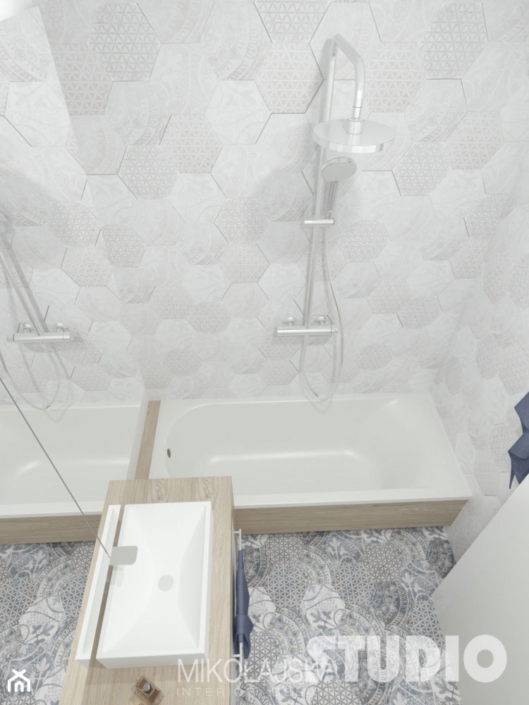 łazienka, mała, jasna, płytki heksagonalne - zdjęcie od MIKOŁAJSKAstudio - Homebook