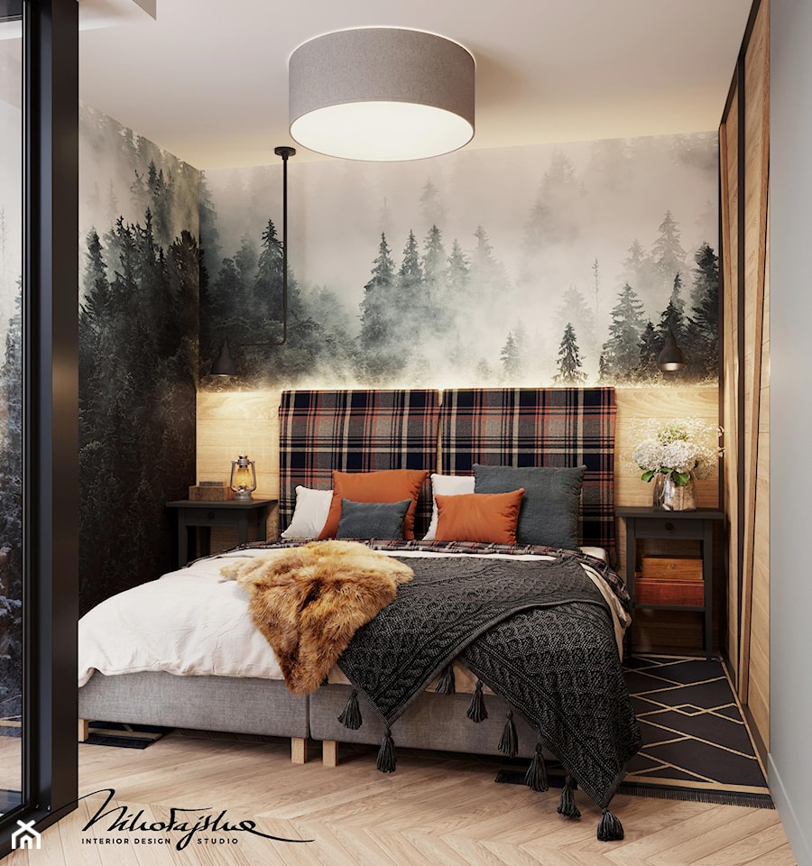 Sypialnia dla dwojga z nastrojową tapetą - zdjęcie od MIKOŁAJSKAstudio