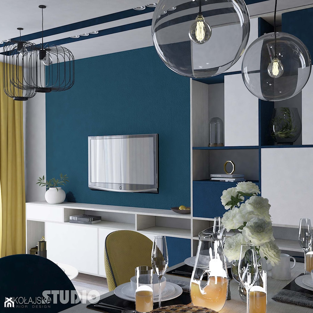 jasny salon, niebieska ściana - zdjęcie od MIKOŁAJSKAstudio - Homebook