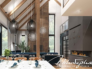 Dom w lesie - Duży biały niebieski szary salon z jadalnią, styl nowoczesny - zdjęcie od MIKOŁAJSKAstudio