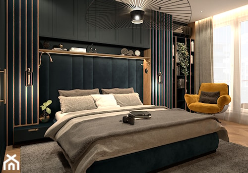 Głębia intensywnych odcieni - Duża beżowa zielona sypialnia z balkonem / tarasem, styl glamour - zdjęcie od MIKOŁAJSKAstudio