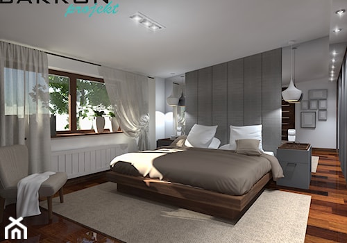 Mieszkanie na poddaszu - Duża biała szara sypialnia, styl nowoczesny - zdjęcie od BAKRON PROJEKT