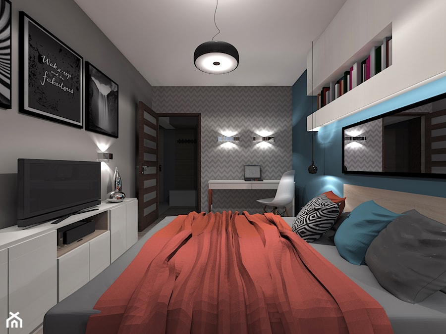 projekt mieszkania - Szczecin Pomorzany - Średnia niebieska szara z biurkiem sypialnia, styl nowoczesny - zdjęcie od BAKRON PROJEKT