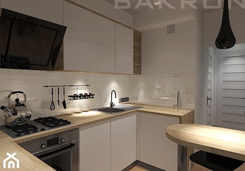 projekt mieszkania w Goleniowie - Mała otwarta biała z zabudowaną lodówką z nablatowym zlewozmywakiem kuchnia w kształcie litery u, styl nowoczesny - zdjęcie od BAKRON PROJEKT