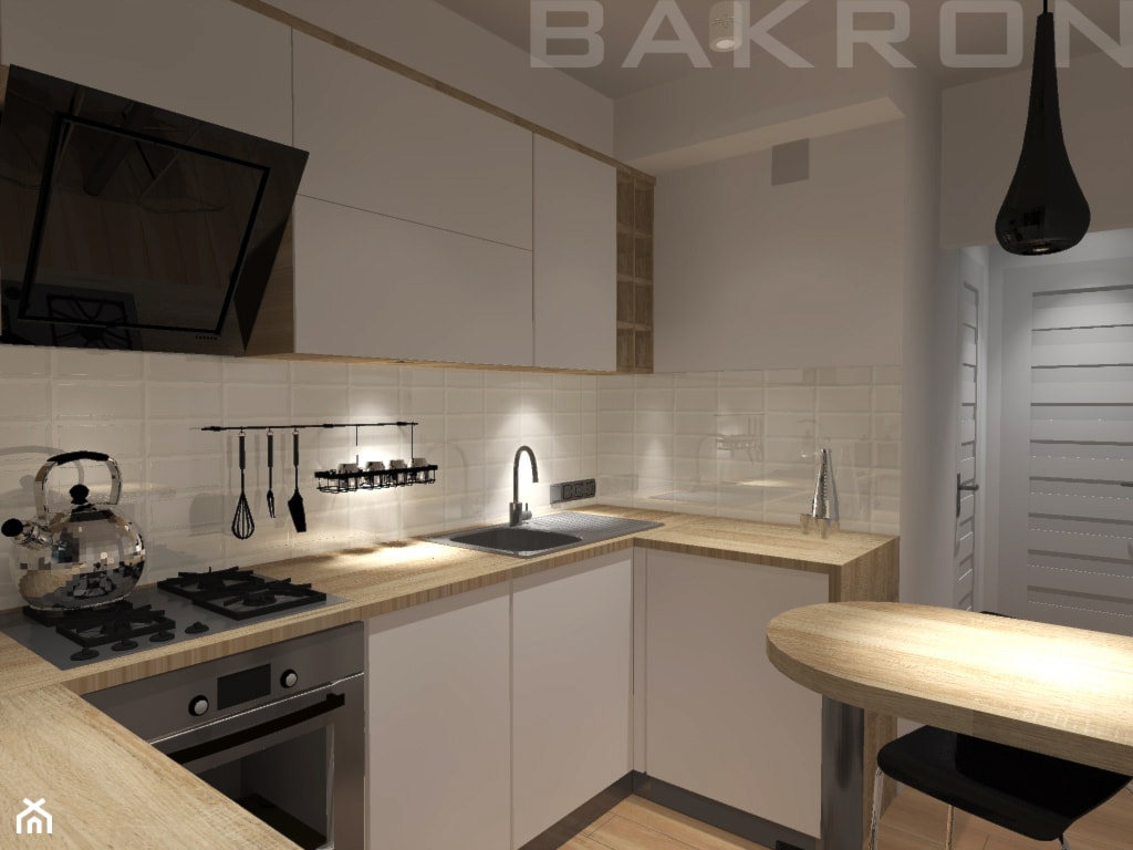 projekt mieszkania w Goleniowie - Mała otwarta biała z zabudowaną lodówką z nablatowym zlewozmywakiem kuchnia w kształcie litery u, styl nowoczesny - zdjęcie od BAKRON PROJEKT - Homebook