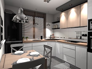 projekt mieszkania - Szczecin Pomorzany - Średnia zamknięta biała szara z lodówką wolnostojącą z podblatowym zlewozmywakiem kuchnia w kształcie litery l, styl nowoczesny - zdjęcie od BAKRON PROJEKT