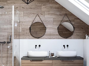 Skandynawski dom Libertowie - Średnia na poddaszu z dwoma umywalkami łazienka z oknem, styl skandynawski - zdjęcie od Dom-Art