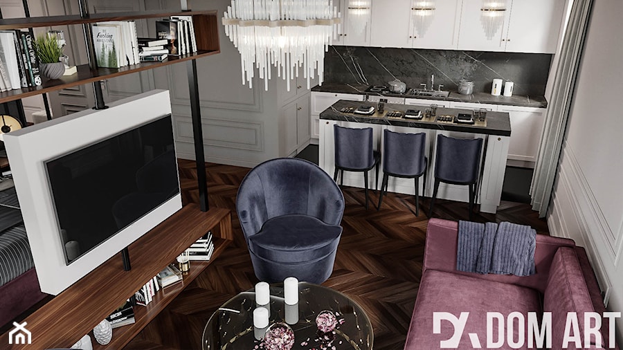 Męskie mieszkanie w eleganckim stylu - Mały szary salon z kuchnią z jadalnią, styl tradycyjny - zdjęcie od Dom-Art