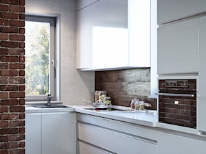 Średnia otwarta z kamiennym blatem biała brązowa z zabudowaną lodówką z podblatowym zlewozmywakiem kuchnia w kształcie litery l, styl minimalistyczny - zdjęcie od Dom-Art