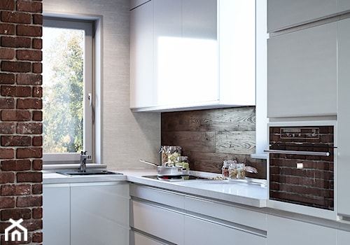 Średnia otwarta z kamiennym blatem biała brązowa z zabudowaną lodówką z podblatowym zlewozmywakiem kuchnia w kształcie litery l, styl minimalistyczny - zdjęcie od Dom-Art