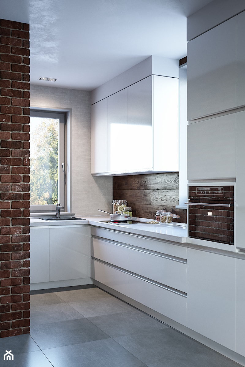 Średnia otwarta z zabudowaną lodówką kuchnia w kształcie litery l z oknem, styl minimalistyczny - zdjęcie od Dom-Art
