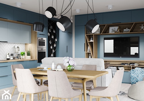 Skandynawskie mieszkanie w Krakowie - Średni biały niebieski salon z kuchnią z jadalnią, styl skandynawski - zdjęcie od Dom-Art