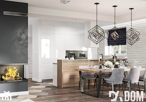 Skandynawski dom Libertowie - Biały szary salon z kuchnią z jadalnią, styl skandynawski - zdjęcie od Dom-Art