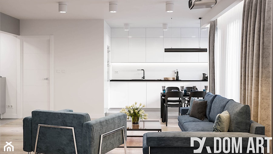 Minimalistyczne mieszkanie - Duży biały salon z kuchnią z jadalnią z tarasem / balkonem, styl minimalistyczny - zdjęcie od Dom-Art