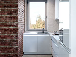 Dom w Katowicach - Mała z salonem biała brązowa szara z zabudowaną lodówką z podblatowym zlewozmywakiem kuchnia w kształcie litery l z kompozytem na ścianie nad blatem kuchennym, styl minimalistyczny - zdjęcie od Dom-Art