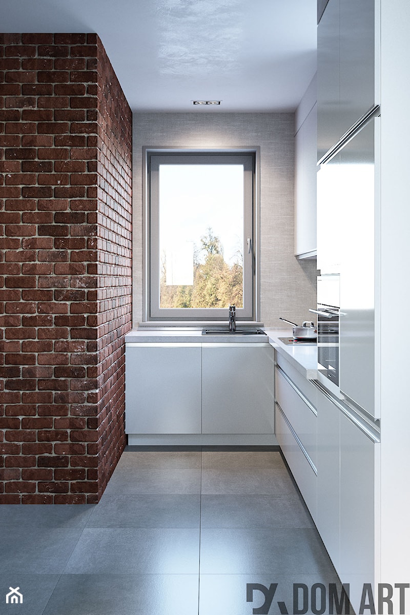 Dom w Katowicach - Mała z salonem biała brązowa szara z zabudowaną lodówką z podblatowym zlewozmywakiem kuchnia w kształcie litery l z kompozytem na ścianie nad blatem kuchennym, styl minimalistyczny - zdjęcie od Dom-Art
