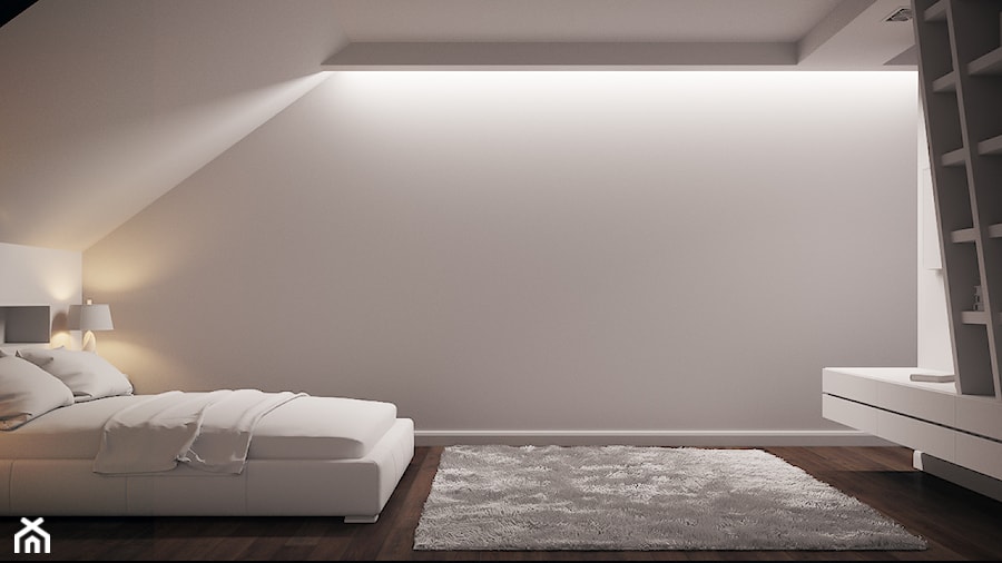 Projekt domu Katowice - Mała biała szara sypialnia na poddaszu, styl minimalistyczny - zdjęcie od Dom-Art