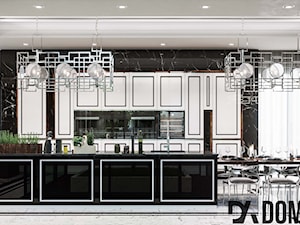 Apartament Art-Deco w Warszawie - Duża otwarta czarna z zabudowaną lodówką z podblatowym zlewozmywakiem kuchnia dwurzędowa z oknem z marmurem nad blatem kuchennym, styl glamour - zdjęcie od Dom-Art