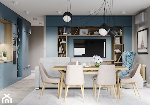 Skandynawskie mieszkanie w Krakowie - Mały niebieski szary salon z kuchnią z jadalnią, styl skandynawski - zdjęcie od Dom-Art