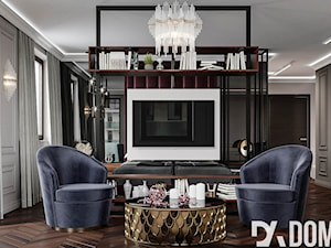 Męskie mieszkanie w eleganckim stylu - Duży biały szary salon z jadalnią z bibiloteczką, styl tradycyjny - zdjęcie od Dom-Art