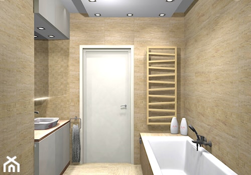 Trawertyn w łazience - Mała bez okna z punktowym oświetleniem łazienka - zdjęcie od Kompleksowe realizacje wnętrz pod klucz