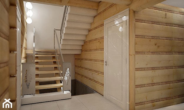wnętrze domu z bali, drewniane schody, białe płytki podłogowe