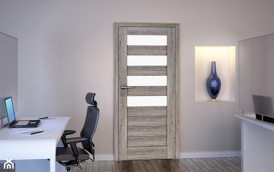 Drzwi wewnętrzne - Małe z zabudowanym biurkiem szare biuro, styl tradycyjny - zdjęcie od Stolbud Włoszczowa S.A./Grupa Koronea