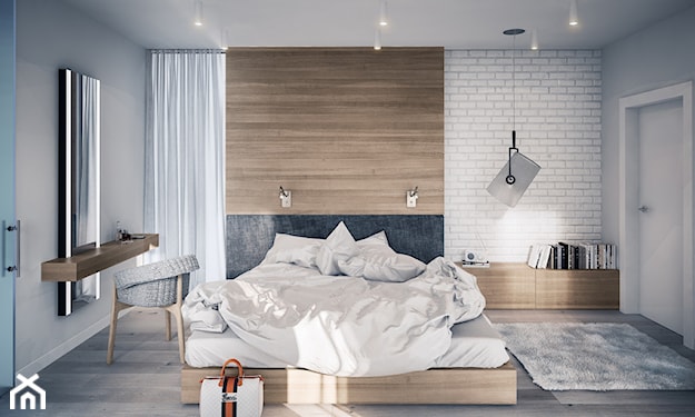 nowoczesna sypialnia, drewniana podłoga, biała cegła, czarna lampa wisząca, drewniane łóżko
