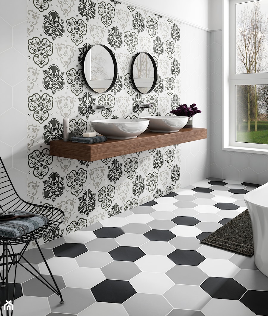Materiały Partnerów - Średnia z dwoma umywalkami łazienka z oknem, styl nowoczesny - zdjęcie od Homebook.pl