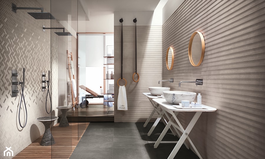 Materiały Partnerów - Duża jako pokój kąpielowy z dwoma umywalkami z marmurową podłogą łazienka, styl nowoczesny - zdjęcie od Homebook.pl
