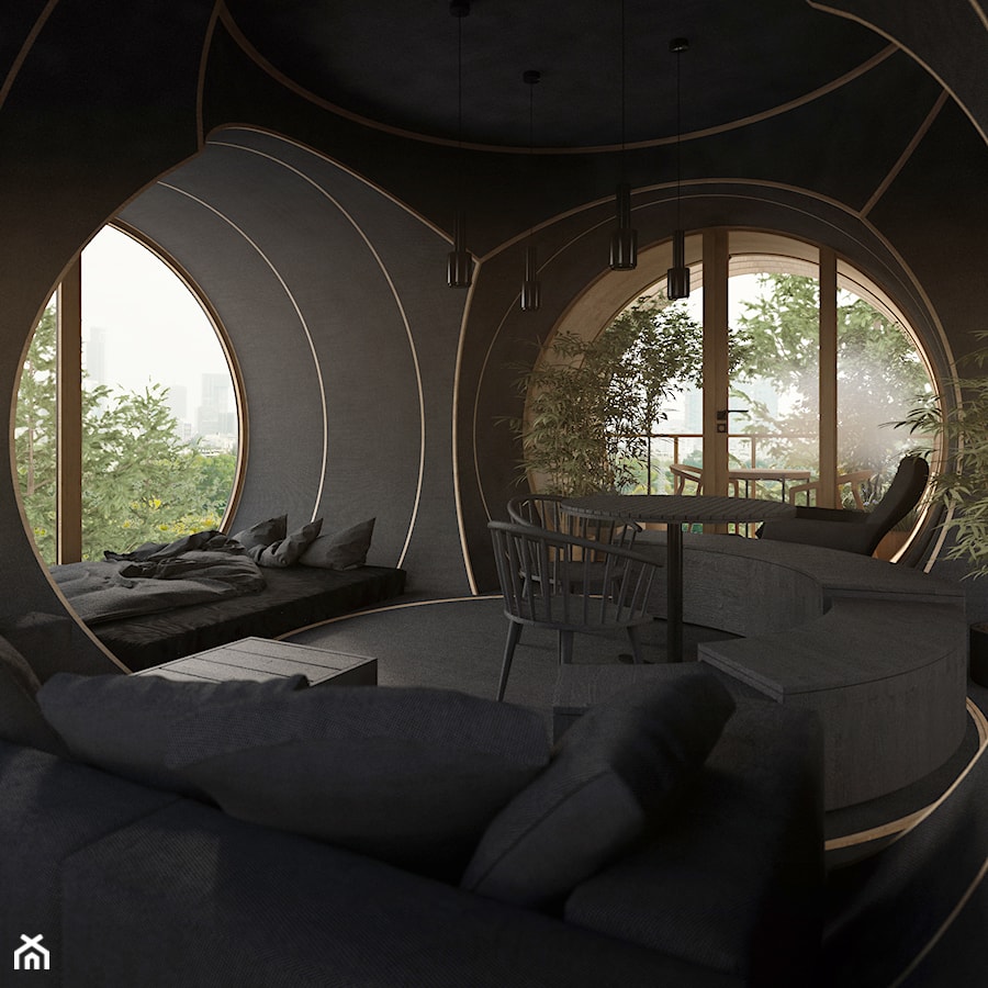 Bert – domek w kształcie Minionka - Średni czarny salon z jadalnią z tarasem / balkonem, styl nowoczesny - zdjęcie od Homebook.pl
