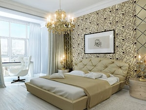 Średnia beżowa szara z biurkiem sypialnia, styl glamour - zdjęcie od Homebook.pl