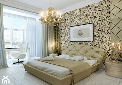 Średnia beżowa szara z biurkiem sypialnia, styl glamour - zdjęcie od Homebook.pl