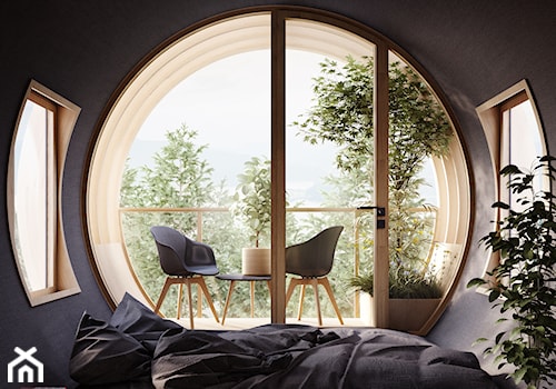 Bert – domek w kształcie Minionka - Mała czarna sypialnia z balkonem / tarasem, styl nowoczesny - zdjęcie od Homebook.pl