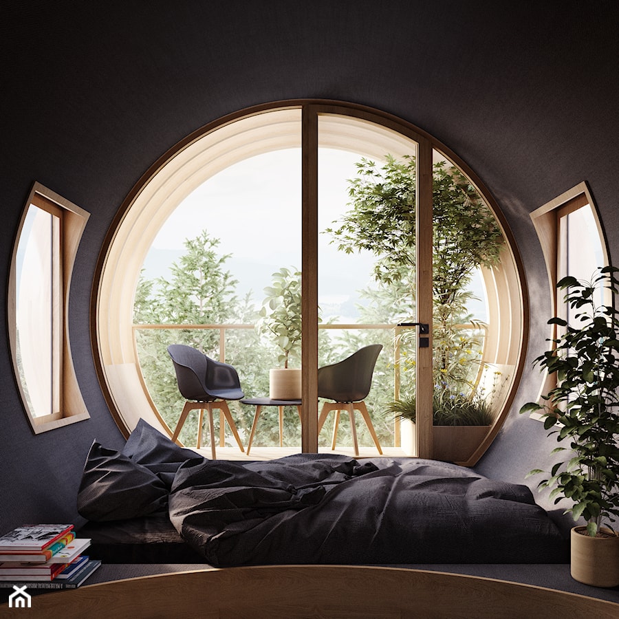 Bert – domek w kształcie Minionka - Mała czarna sypialnia z balkonem / tarasem, styl nowoczesny - zdjęcie od Homebook.pl