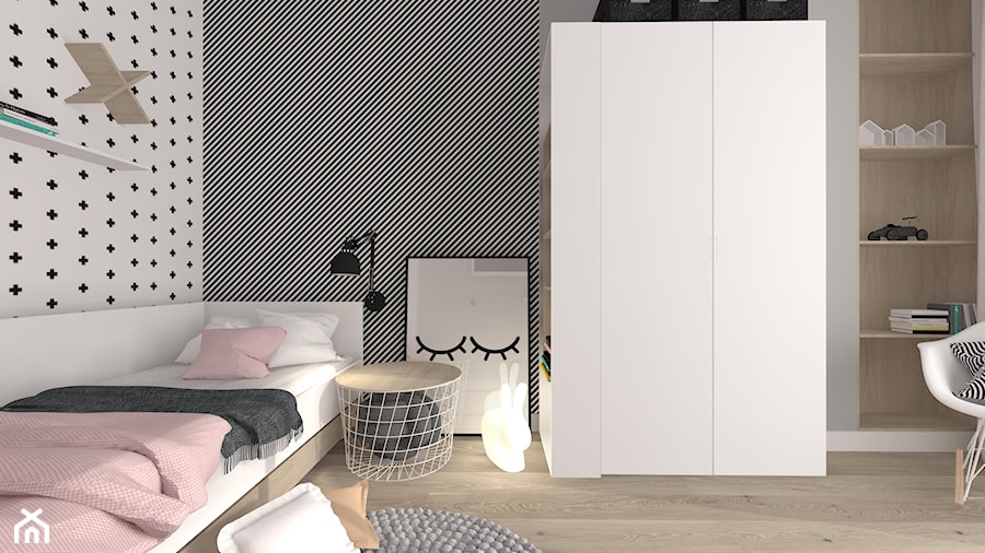 Mały biały szary pokój dziecka dla nastolatka dla dziewczynki, styl skandynawski - zdjęcie od INTERJO Projektowanie Wnętrz