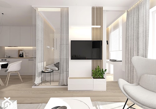 Mały biały szary salon z kuchnią z jadalnią, styl nowoczesny - zdjęcie od INTERJO Projektowanie Wnętrz