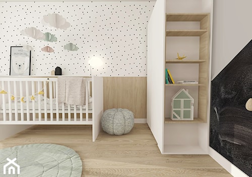 Mały biały czarny pokój dziecka dla niemowlaka dla chłopca dla dziewczynki, styl skandynawski - zdjęcie od INTERJO Projektowanie Wnętrz