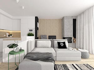 Mały biały szary salon z kuchnią, styl skandynawski - zdjęcie od INTERJO Projektowanie Wnętrz