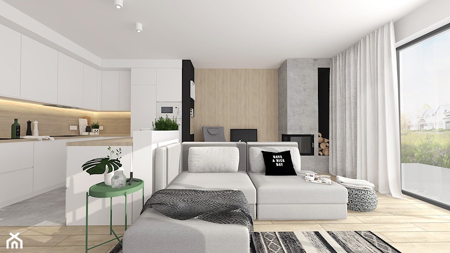 Mały biały szary salon z kuchnią, styl skandynawski - zdjęcie od INTERJO Projektowanie Wnętrz