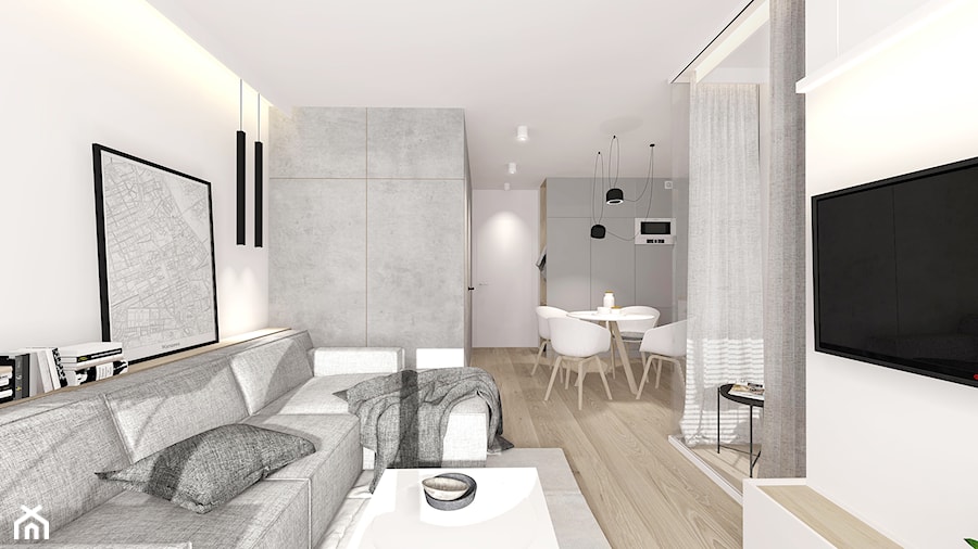Mały biały salon z jadalnią, styl nowoczesny - zdjęcie od INTERJO Projektowanie Wnętrz