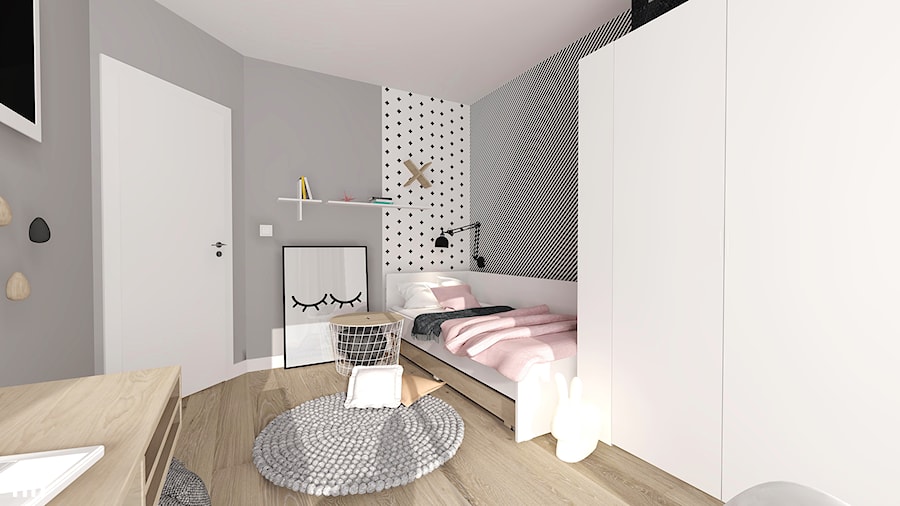 Średni szary pokój dziecka dla nastolatka dla chłopca dla dziewczynki, styl skandynawski - zdjęcie od INTERJO Projektowanie Wnętrz