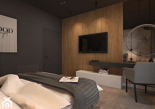 DOM JEDNORODZINNY ZŁOCIENIEC 2019 - Średnia czarna szara sypialnia, styl nowoczesny - zdjęcie od INTERJO Projektowanie Wnętrz