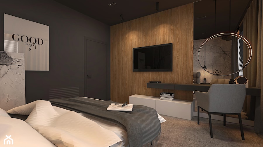 DOM JEDNORODZINNY ZŁOCIENIEC 2019 - Średnia czarna szara sypialnia, styl nowoczesny - zdjęcie od INTERJO Projektowanie Wnętrz