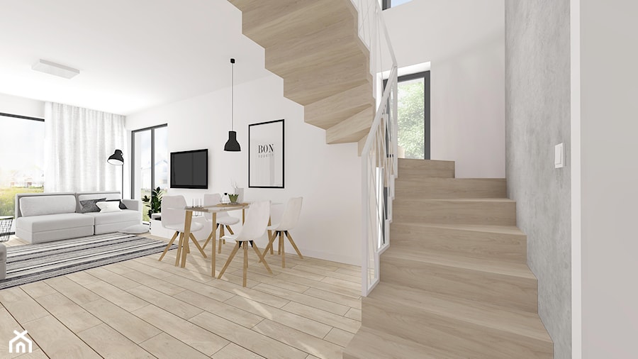 Duża biała szara jadalnia w salonie, styl skandynawski - zdjęcie od INTERJO Projektowanie Wnętrz