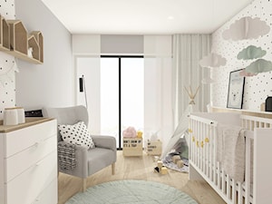 Mały biały szary pokój dziecka dla niemowlaka dla dziewczynki, styl skandynawski - zdjęcie od INTERJO Projektowanie Wnętrz