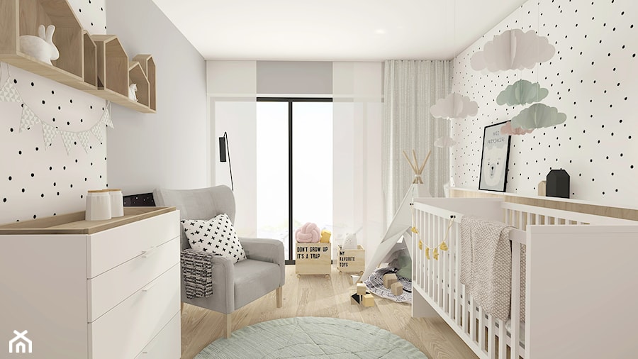Mały biały szary pokój dziecka dla niemowlaka dla dziewczynki, styl skandynawski - zdjęcie od INTERJO Projektowanie Wnętrz