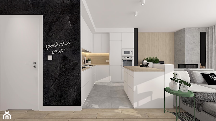 Duża otwarta z salonem czarna z zabudowaną lodówką kuchnia w kształcie litery l z wyspą lub półwyspem, styl skandynawski - zdjęcie od INTERJO Projektowanie Wnętrz