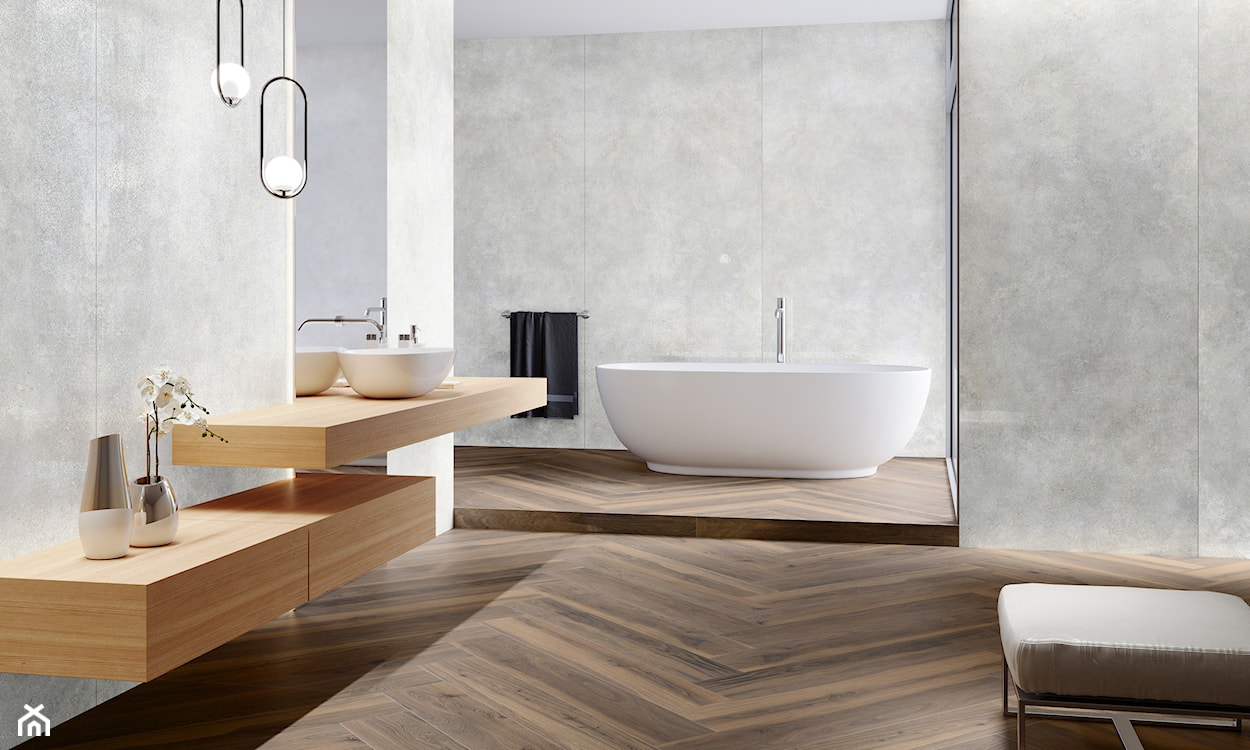 Beton i drewno w łazience, płytki imitujące beton w łazience z drewnem
